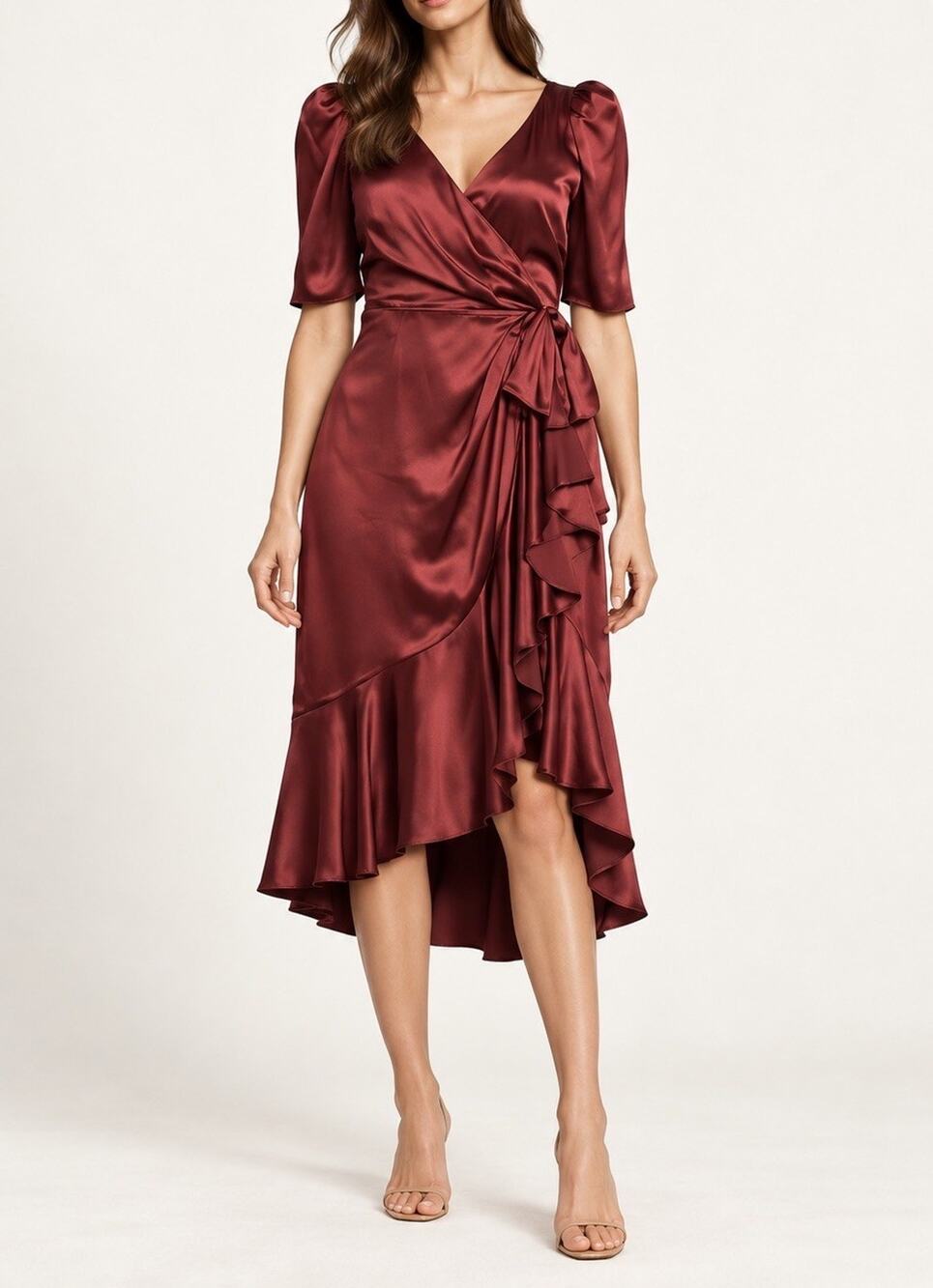 Cinq a Sept Joslyn Silk Dress 14 Burgundy Satin Wrap Ruffle Midi